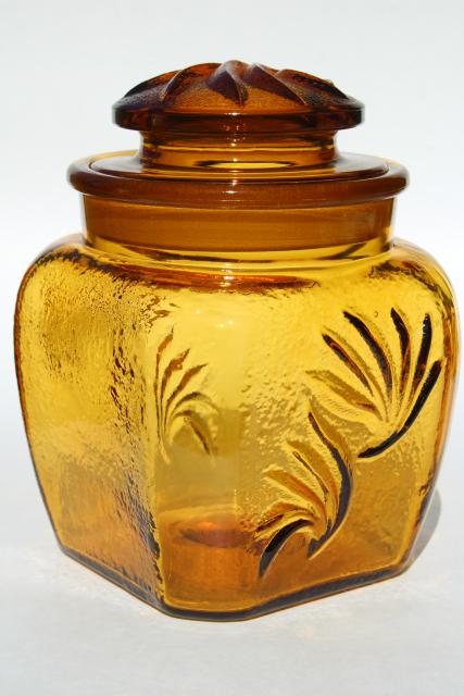 vintage amber glass canister jars set, Sandscroll textured glass canisters L E Smith 1960s 70s
