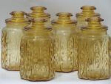 Vintage amber glass canisters, kitchen canister jars set of 6