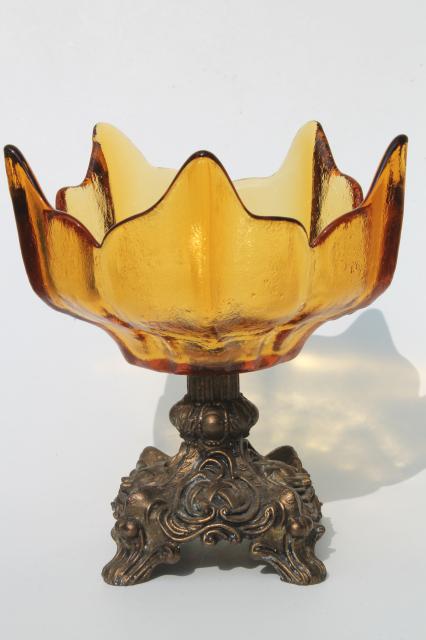 vintage amber glass compote / fall centerpiece, flower shaped bowl w/ ornate gold metal pedestal