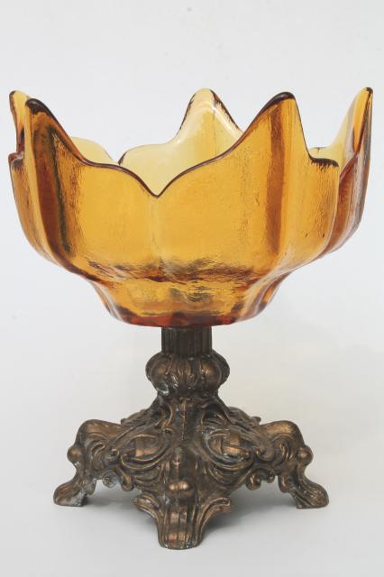 vintage amber glass compote / fall centerpiece, flower shaped bowl w/ ornate gold metal pedestal