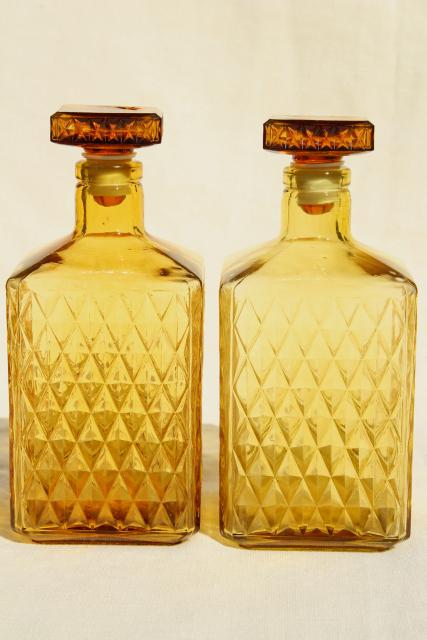 vintage amber glass decanters, square decanter bottles, 1960s retro barware