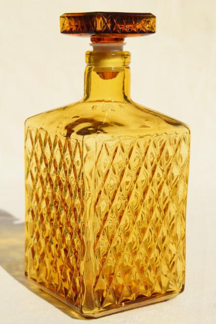 vintage amber glass decanters, square decanter bottles, 1960s retro barware