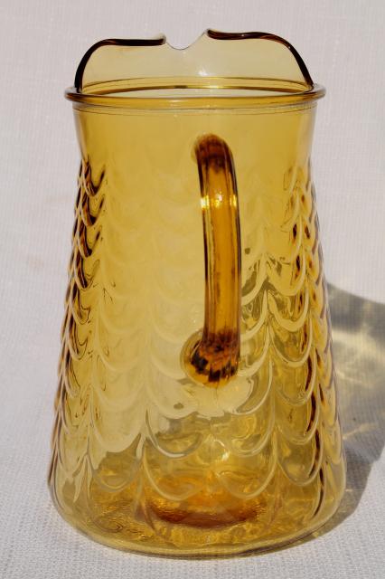 vintage amber glass pitcher, Libbey drape pattern fishscale textured glass