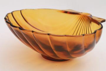 vintage amber glass seashell shape salad bowl, large heavy glass sea shell