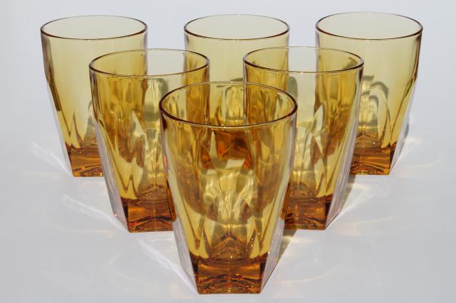 vintage amber glass tumblers set, mod angular geometric shape drinking glasses