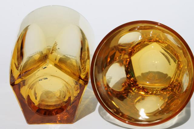 vintage amber glass tumblers set, mod angular geometric shape drinking glasses
