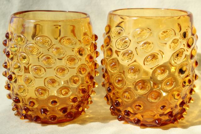 vintage amber hobnail glass tumblers, big double old fashioned drinking glasses