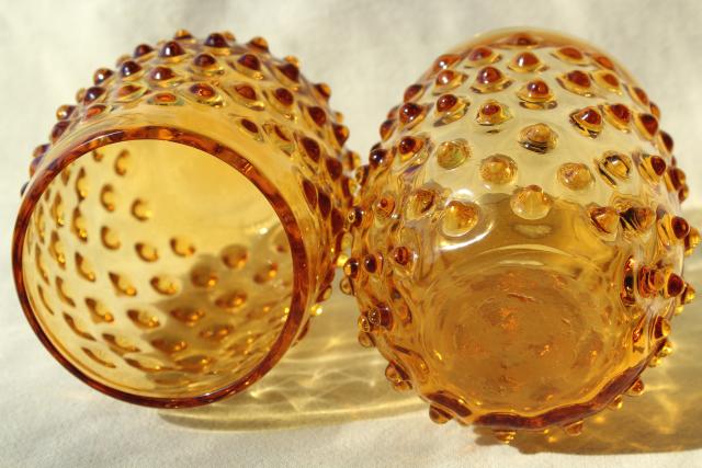 vintage amber hobnail glass tumblers, big double old fashioned drinking glasses
