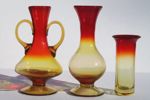 Vintage amberina glass vases collection, amber orange red shaded art glass