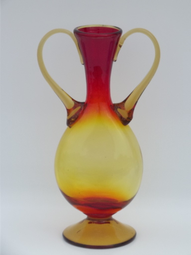 Vintage amberina shaded red yellow art glass urn vase w/ two handles