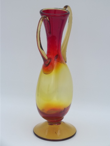 Vintage amberina shaded red yellow art glass urn vase w/ two handles