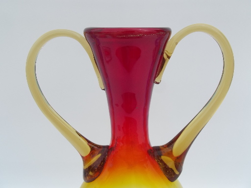 Vintage amberina shaded red yellow art glass urn vase w/ two handles