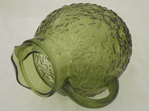 Vintage Anchor Hocking Lido crinkle glass pitcher, retro avocado green glass