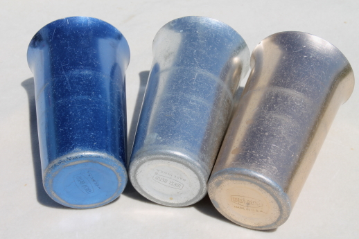 Vintage anodized aluminum tumblers, retro colored metal drinking glasses spun aluminum
