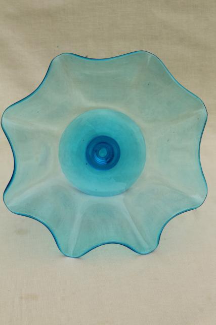 vintage aqua blue glass flower bowl vase, hand blown Italian art glass 