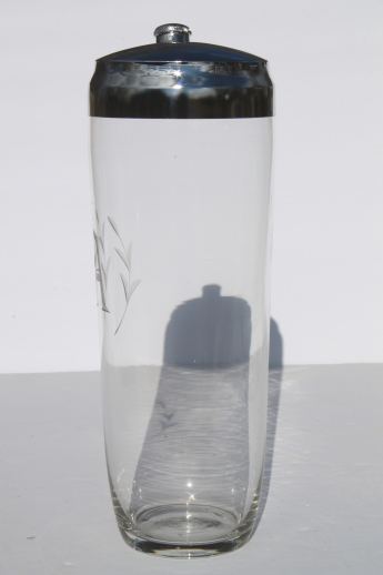 Vintage art deco glass cocktail shaker, letter A monogram etched glass mixer jar w/ lid