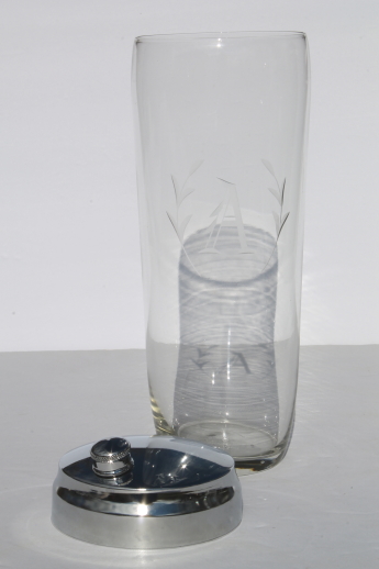 Vintage art deco glass cocktail shaker, letter A monogram etched glass mixer jar w/ lid