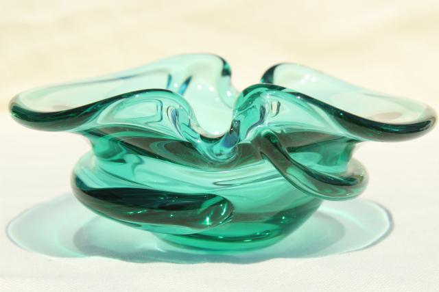 vintage art glass ashtray, heavy aqua green glass bowl, mid-century modern