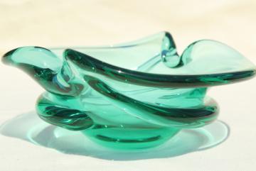 vintage art glass ashtray, heavy aqua green glass bowl, mid-century modern