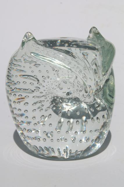 vintage art glass owl paperweight, crystal clear hand-blown glass w/ controlled bubbles