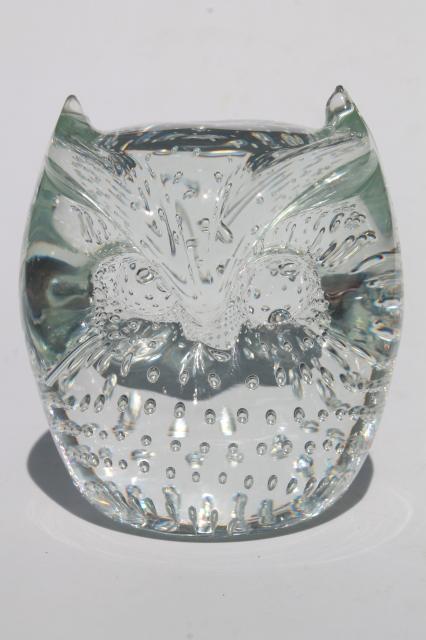 vintage art glass owl paperweight, crystal clear hand-blown glass w/ controlled bubbles