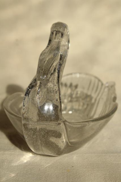 vintage art glass swan dish, hand blown crystal clear glass w/ controlled bubbles 