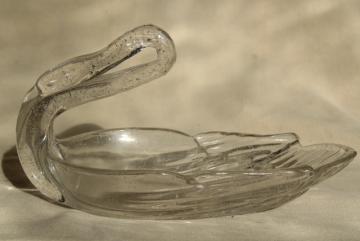 vintage art glass swan dish, hand blown crystal clear glass w/ controlled bubbles 