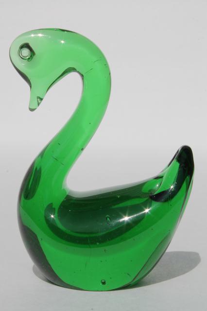 vintage art glass swan paperweight figurine animal, emerald green glass bird
