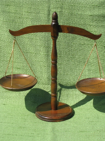 Vintage balance scales display piece, walnut wood stand and scale pans