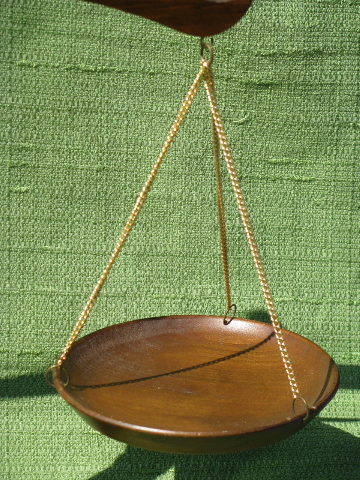 Vintage balance scales display piece, walnut wood stand and scale pans