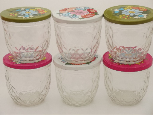 Vintage Ball  quilted crystal glass jelly jars w/ retro flower print lids
