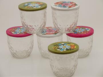 Vintage Ball  quilted crystal glass jelly jars w/ retro flower print lids