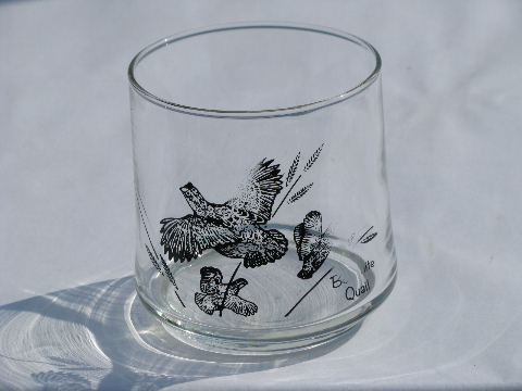 Vintage bar glasses, game birds pattern bob white bird, set of 8