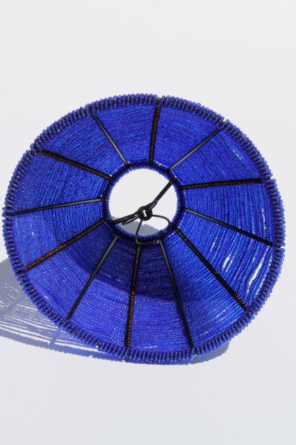 vintage beaded wire lamp shade made in India, cobalt blue glass seed bead candle shade