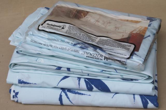 vintage bedding Springmaid cotton blend blue bamboo retro print fabric twin flat sheets