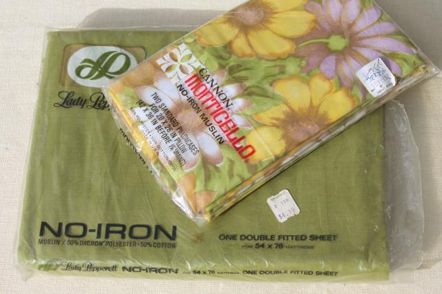 vintage bedding, retro flowered print pillowcases & avocado green sheet in original packages