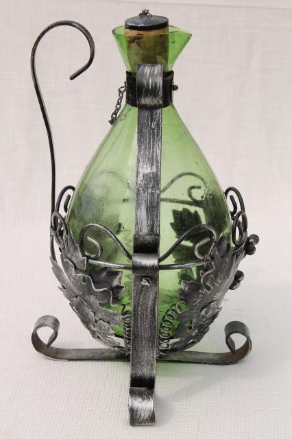 vintage bistro style wine decanter, green glass bottle w/ tilting stand metal grapes