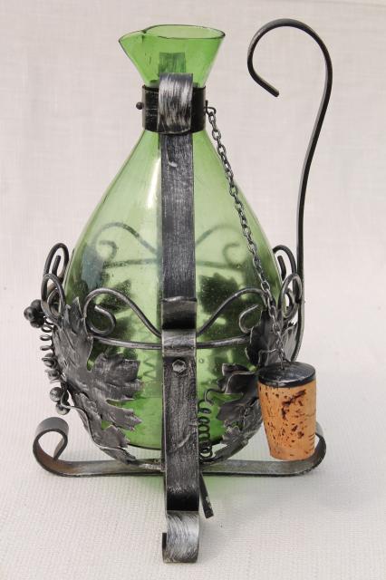 vintage bistro style wine decanter, green glass bottle w/ tilting stand metal grapes