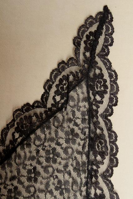 vintage black nylon lace chapel veil, triangular head scarf mantilla 
