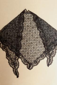 vintage black nylon lace chapel veil, triangular head scarf mantilla 