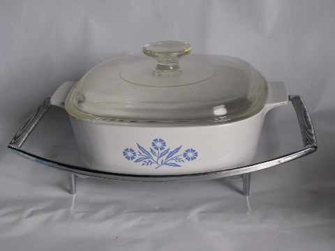 Vintage blue cornflower Corningware, lot casserole dishes, trivets, handle