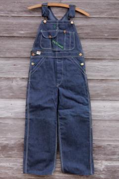 vintage blue jeans denim bib overalls, boys work wear Key Imperial label new old stock