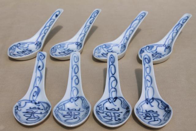 vintage blue & white china soup spoons, Chinese porcelain spoon set of 8