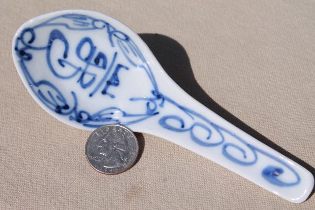 vintage blue & white china soup spoons, Chinese porcelain spoon set of 8