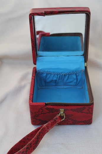 Vintage box bag purse or vanity train case in retro red & black python print
