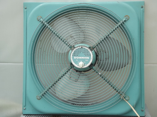 Vintage box fan, machine age factory window fan in 50s turquoise blue