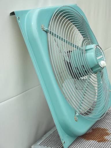 Vintage box fan, machine age factory window fan in 50s turquoise blue