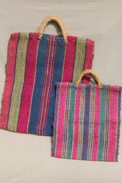vintage bright striped woven rope market bags, sisal or jute fiber shopping tote bag set