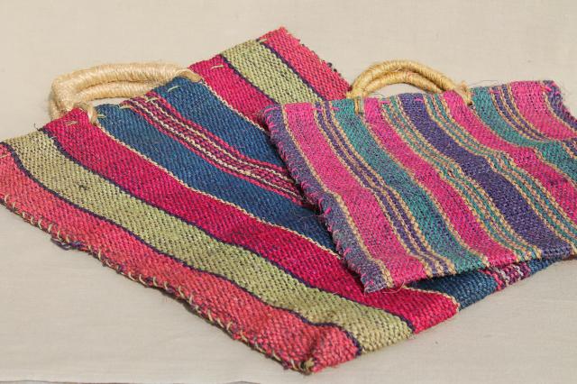 vintage bright striped woven rope market bags, sisal or jute fiber shopping tote bag set