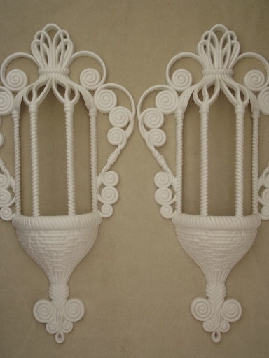 Vintage Burwood plastic wall plaques, white wicker ivy planter baskets